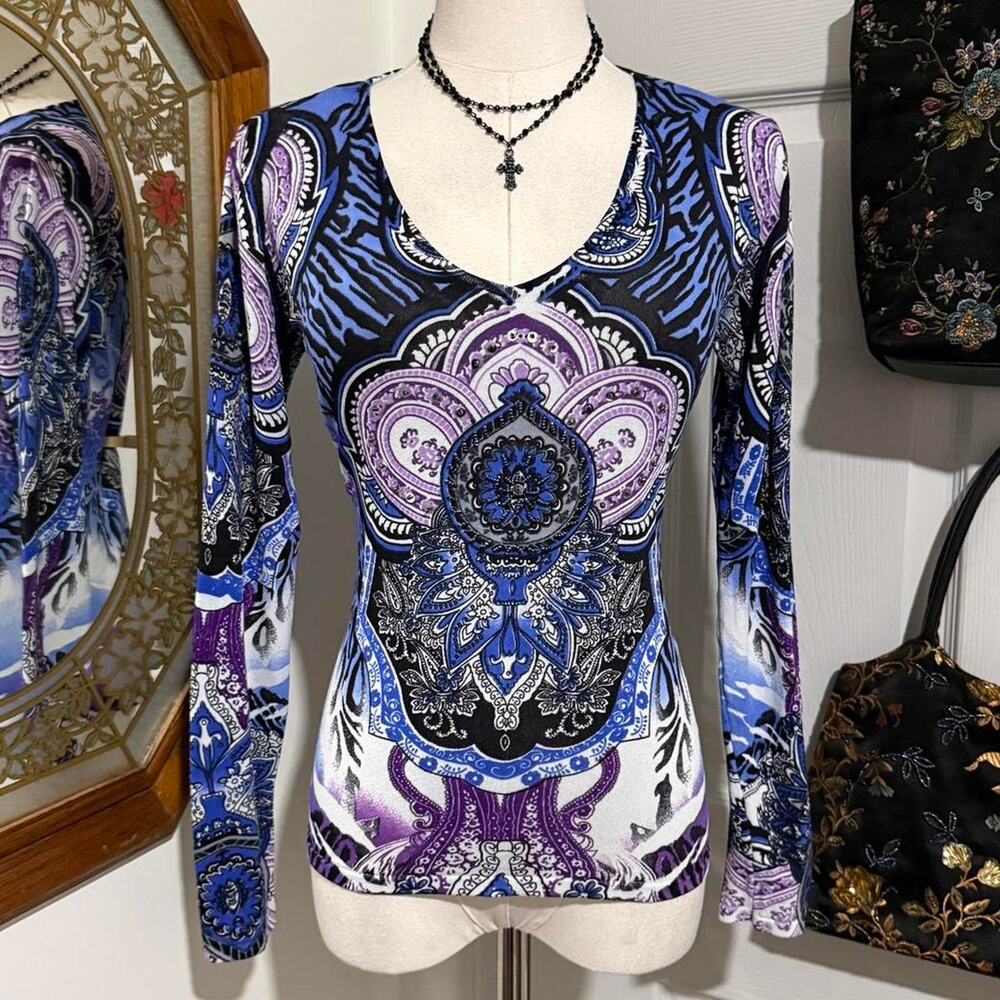 VTG Y2K Pierri New York Blue & Purple Beaded Boho Pattern Form Fit V Neck Top S